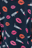 Lipstick print design on navy background.