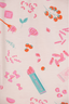 Colorful candy-themed pattern on a light pink background