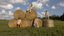 People posing around hay bales in a field with a blue sky.