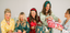 Five women opening Christmas presents together with a neutral background